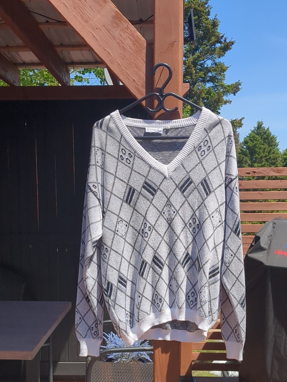 -VINTAGE- V-Neck Diamond Pattern Sweater White And Silver Made In Italy